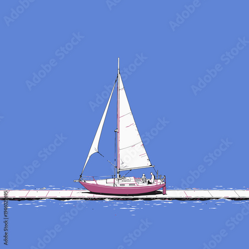 Illustration of a sailboat with white sails gliding across calm, deep blue waters under a bright sky, highlighting the tranquility of a serene sea journey.