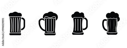 Beer mug and ale glass silhouette icon set featuring foam and cold drink for pub bar and more vector illustration or editable stroke