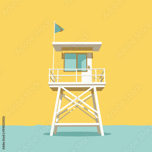 Minimalist Design of a Contemporary Lifeguard Tower against a Vibrant Yellow Sky and Turquoise Sea