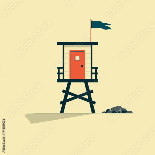 Minimalist illustration of an isolated beach lifeguard hut elevated on stilts with a red door and flag on top, set against a pale sandy background with rocks