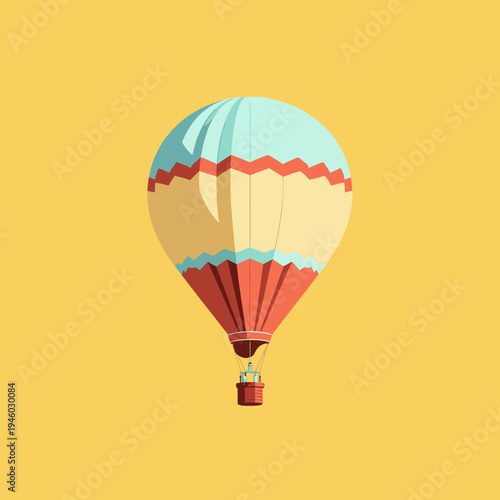 Colorful hot air balloon with red, blue, and yellow patterns against a solid yellow background capturing the essence of adventure and freedom in a simplified design