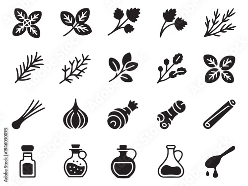 Collection of 20 black and white glyph style icons for herbs spices and seasonings