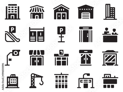 Collection of 20 black glyph style building and construction icons for diverse projects