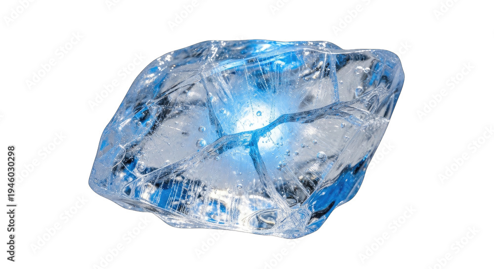 Fototapeta premium Clear Ice Cube with Blue Hue, Isolated on White Background