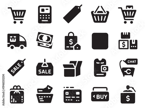 Collection of 20 black glyph style icons representing shopping e-commerce and retail