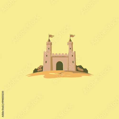 Illustration Features a Majestic Medieval Castle with Towers and Flags on a Sunny Hill Surrounded by Lush Greenery Against a Vibrant Yellow Background