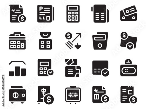 Collection of 20 business and finance glyph icons for modern applications and websites