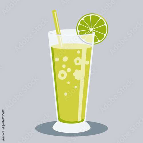 Refreshing Glass of Citrus Lime Juice with Bubbles and Garnished Lime Slice on a Gray Background with a Red Straw
