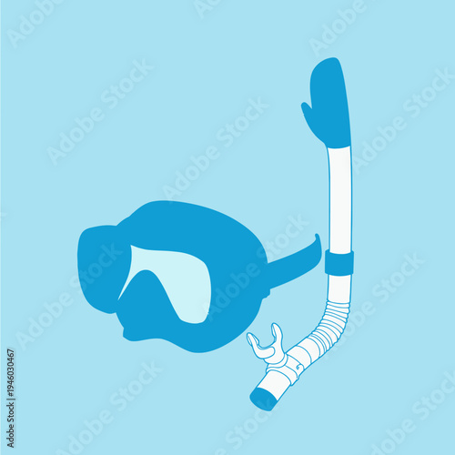 Illustrated snorkeling gear set with blue diving mask and snorkel against a light background emphasizing marine adventure and underwater exploration