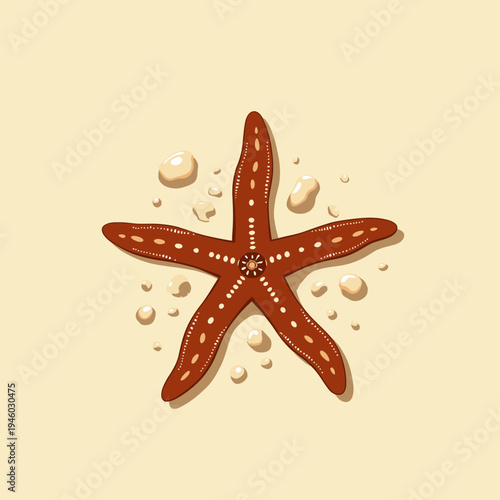 Illustration of a Stylized Starfish with Textured Surface Surrounded by Scattered Sand Grains on a Light Sandy Background