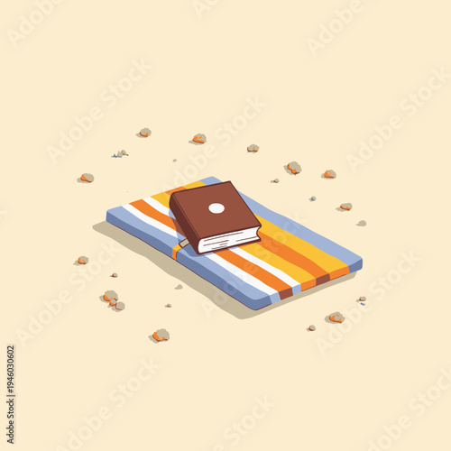 A solitary hardcover book rests atop a colorful striped beach towel, surrounded by small scattered stones on a sandy beach setting under the sun.