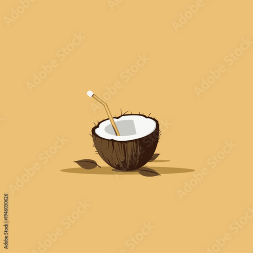 Illustration of a Halved Coconut with a Straw and Leaves on a Simple Beige Background with Minimalistic Design