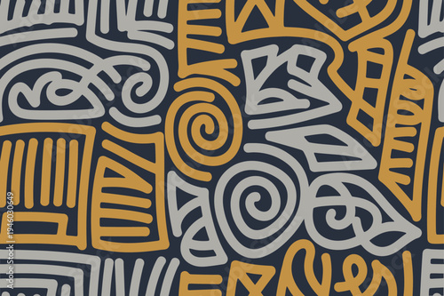 A seamless abstract pattern features continuous, hand-drawn doodle lines. The chaotic but balanced design includes swirls, parallel lines, and geometric shapes in yellow and light grey over a dark blu