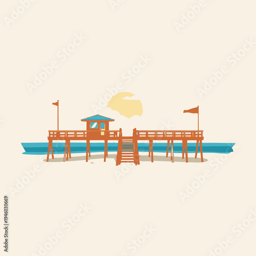 Illustration of a Tranquil Beach Scene with Wooden Pier Overlooking Ocean and Sun in Minimalist Style