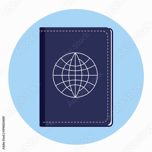 Illustrated image of a closed navy blue travel passport with a global emblem on its cover, highlighting travel and identity documentation themes
