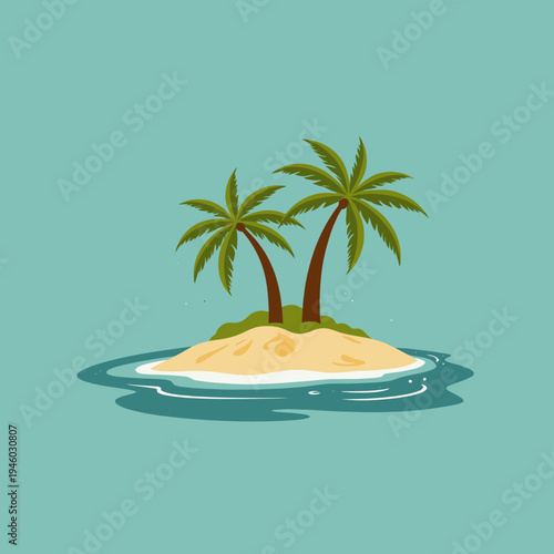 Illustration of a tranquil tropical island with two slender palm trees swaying gently on sandy shores surrounded by crystal-clear turquoise waters