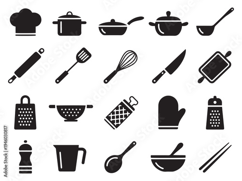Collection of 20 chef and kitchen utensil icons for culinary use and food preparation