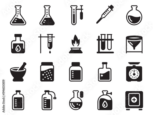 Collection of 20 chemical and laboratory glyph icons for science and medical applications