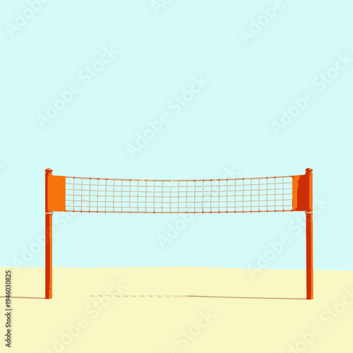 Minimalistic Beach Volleyball Net on Sandy Shoreline Against Clear Blue Sky Capturing Essence of Simplicity and Outdoor Summer Recreation