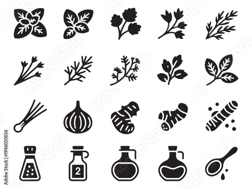 Collection of 20 culinary herb and spice icons for food and cooking design