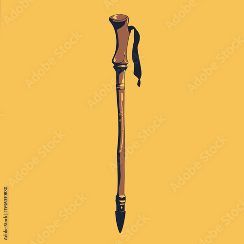 Illustration of a wooden walking cane adorned with elegant silver accents and a black strap set against a vibrant yellow background highlighting its craftsmanship