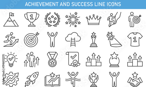 Achievement and success line icons set featuring trophy, award medal, goal target, leadership growth, motivation, winner concept, business success and personal achievement symbols