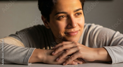 Young woman smiling with hands clasped on table in natural light  