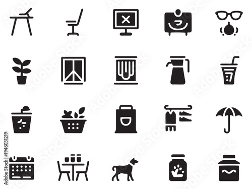 Collection of 20 diverse glyph style icons for general use office home lifestyle and pets