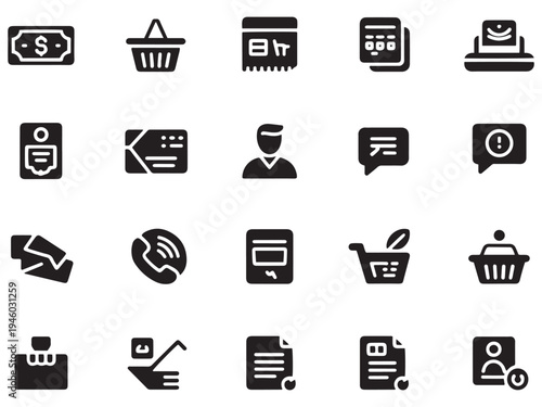 Collection of 20 diverse glyph style icons for shopping finance and business applications