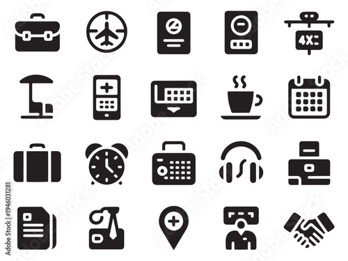 Collection of 20 diverse glyph style icons for travel business and communication needs