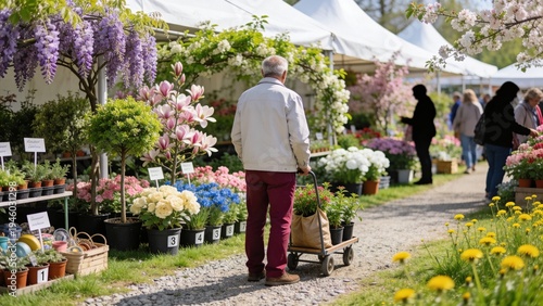 Outdoor flower market with a variety of colorful blooming plants, people shopping and enjoying spring. Lush greenery, blossoms and vibrant flowers create a cheerful seasonal atmosphere.