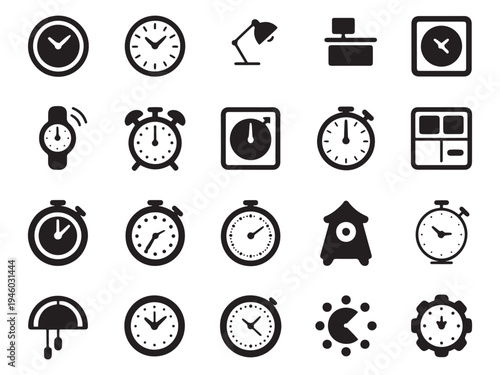 Collection of 20 diverse glyph style icons representing time and office essentials