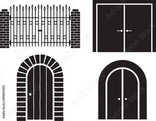 Black and white set of vintage wooden doors on an old building facade with stone wall and windows