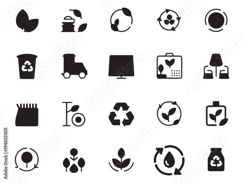 Collection of 20 eco-friendly glyph style icons for sustainable living and green initiatives