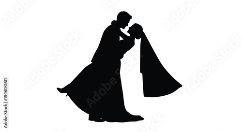 Romantic black silhouette vector graphic illustration of a bride and groom embracing intimately on their wedding day