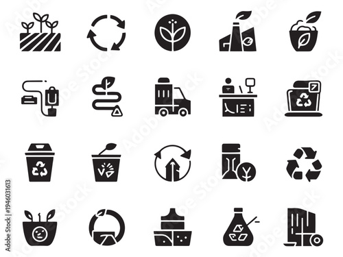 Collection of 20 eco-friendly glyph style icons for sustainable living and recycling themes