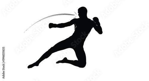 Silhouette vector graphic illustration of a martial artist executing a powerful flying knee strike attack