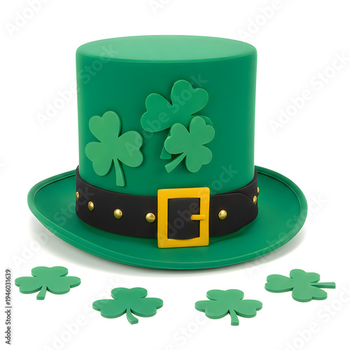 A green top hat with shamrocks and gold buckle for st patricks day celebrations