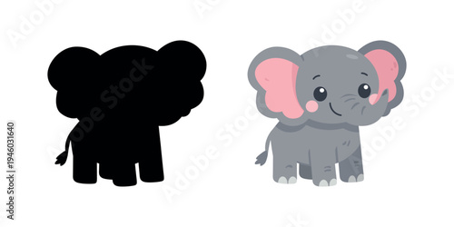 Cute Baby Elephant Cartoon and Silhouette