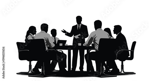 Corporate business team meeting illustration with an executive presenting information to colleagues at a table.