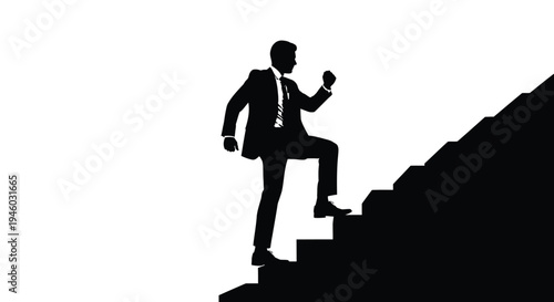 Vector graphic of a determined businessman climbing an upward staircase, symbolizing career progress and ambition.