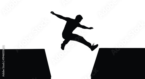 Dynamic vector graphic illustration of a person jumping over a chasm, symbolizing challenge and determination.