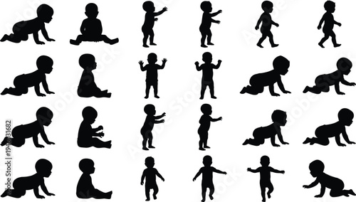 Baby silhouette collection showing crawling sitting standing and walking toddler poses child development stages vector illustration set