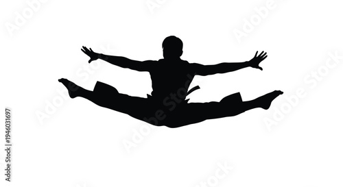 Black silhouette vector graphic illustration of martial arts master performing a dynamic horizontal split jump