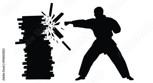 Dynamic vector graphic illustration of a martial artist breaking boards with a powerful punch