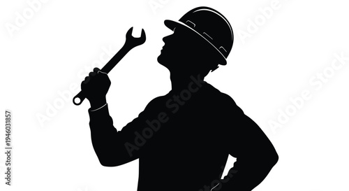 Silhouette vector illustration of a worker wearing a hard hat and holding a wrench, looking up confidently.
