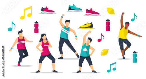 Group fitness class with energetic dance moves and vibrant music notes