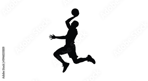 Black silhouette vector graphic illustration of an athlete performing a jump shot in basketball