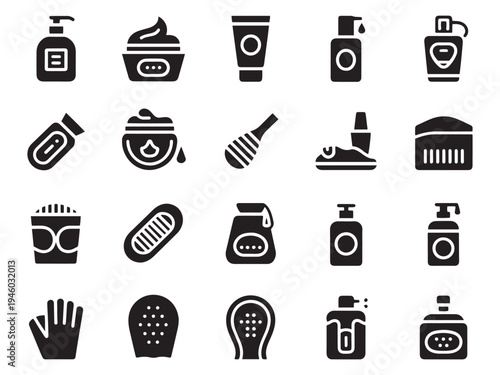 Collection of 20 essential personal care and hygiene glyph style icons for your projects