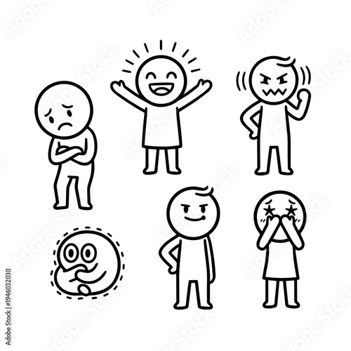 Emotional stick figures expressing various feelings and reactions  